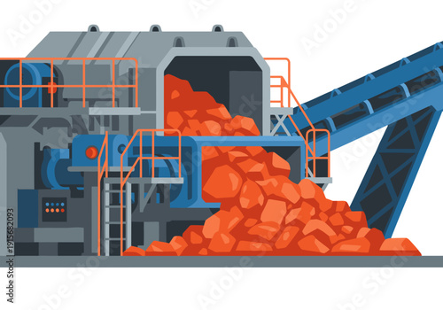 A detailed illustration depicts a crusher station ore mine with a conveyor belt and rock pile. Modern industrial design, vibrant colors, and clear composition for commercial use.