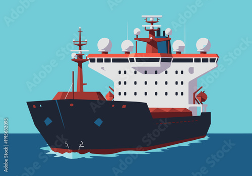A detailed illustration of an auto bulk nav ship sailing on the ocean. Bold colors and clean lines create a striking, modern design suitable for commercial use.