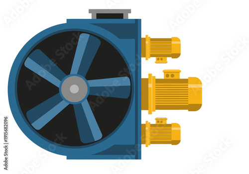 A detailed illustration showcases a mine ventilation fan system, highlighting airflow and industrial components. Clean lines and a modern style create a professional visual.