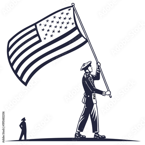 A lone figure proudly hoists an american flag in an open field with a distant companion.