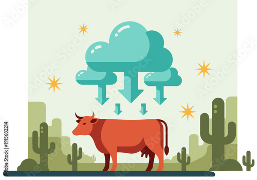 Illustration depicting methane reduction through sustainable agriculture. A cow stands amidst cacti under a cloudy sky, with arrows indicating downward emission reduction. Modern, vibrant style.