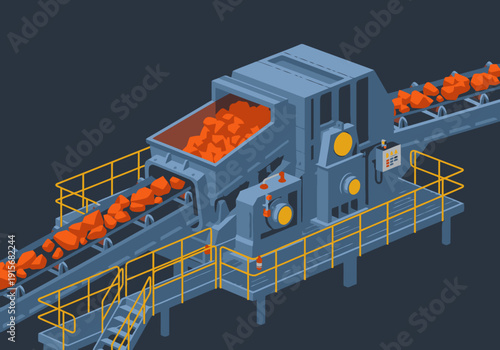 Industrial crusher station processing ore detailed isometric illustration showcases a robust mining operation with conveyor belts and machinery  High-contrast dark background emphasizes the equipment