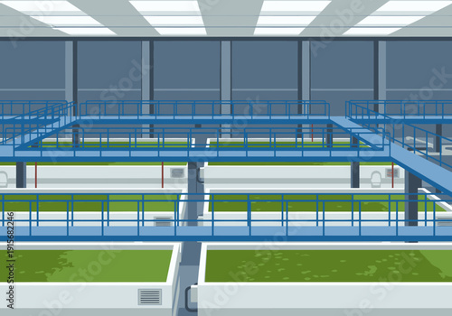 Industrial algae farm scale showcases a modern, sterile setting with a large algae cultivation system. Clean lines and bright lighting create a professional, technologically advanced visual.