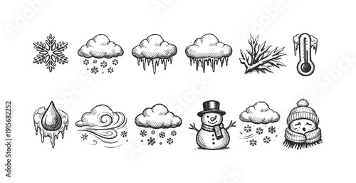 Winter weather hand-drawn icon set. Snow, frost, and temperature vector collection