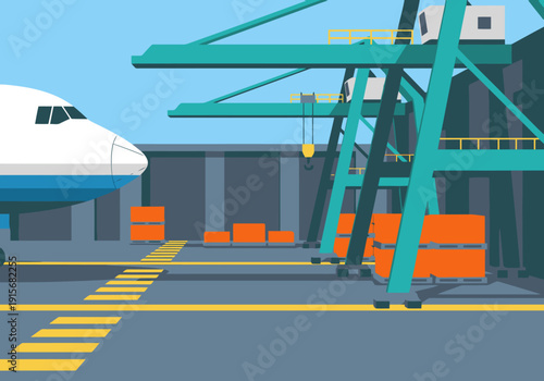 An industrial freight terminal hub showcases a plane unloading cargo. A vibrant, modern illustration highlights logistics and global trade. Perfect for business and transport themes.