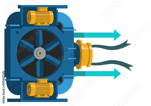 Industrial ventilation fan system illustration.  A detailed, vibrant depiction of a mine ventilation fan, showcasing airflow and a modern design.  Ideal for technical or industrial themes.