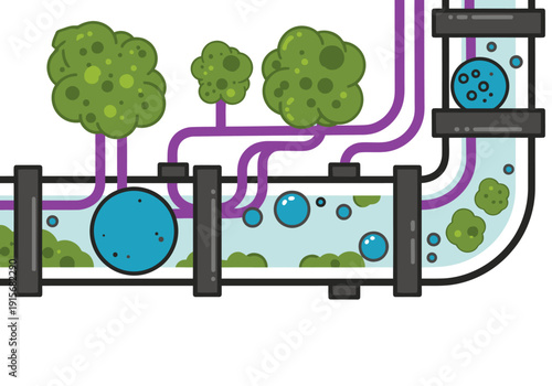 Innovative lab algae growth tech showcases a transparent tube with green algae and oxygen bubbles. Modern, stylized illustration for science, biotechnology, and sustainability concepts.