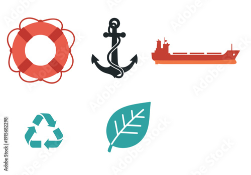 Maritime safety icons ? lifebuoy, anchor, bulk carrier, recycle, leaf ? arranged for a clean, modern design. Ideal for marine, safety, and environmental themes.