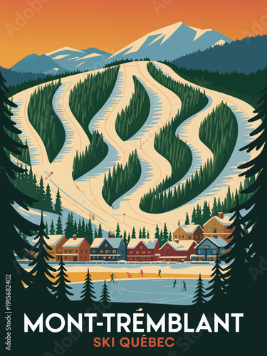 Mont Tremblant Poster, classic ski resort Quebec snowy mountain retro travel illustration