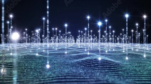 Abstract digital network visualization with glowing data connections and bright light pillars representing a futuristic information cityscape
