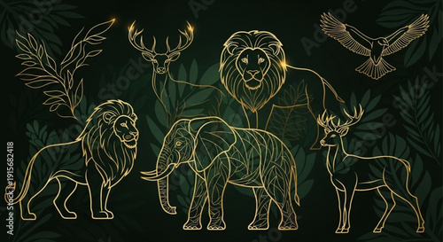 Golden jungle animals illustration with lion elephant deer bird and plants on dark background