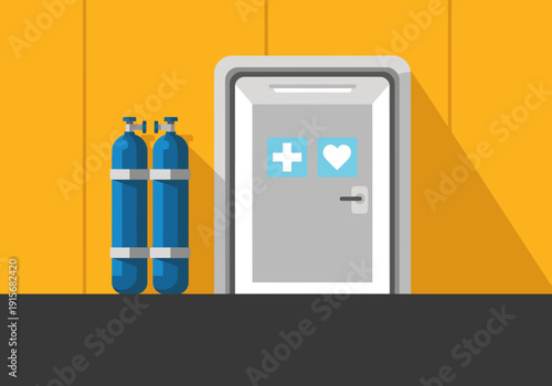 Refuel chamber safety mine illustration. Two oxygen tanks flank a silver refuge chamber with a red cross symbol. Clean, modern design, vibrant colors. Ideal for safety and industrial themes.