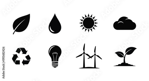 Black and white icons representing environmental and energy elements