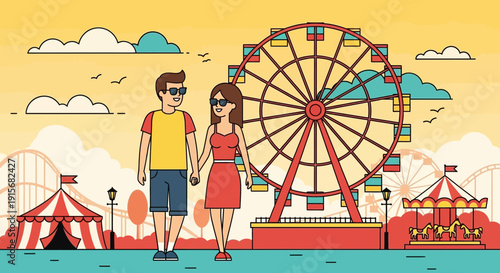Couple Enjoying Funfair Rides Ferris Wheel And Carousel Summer Day