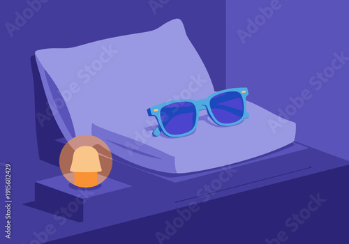 Relax and restore sleep with this light filter. A pair of sunglasses rests on a plush pillow beside a warm lamp. A calming, modern aesthetic promotes restful nights.