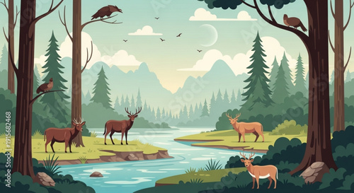 Serene forest landscape with deer river trees and wildlife in a natural mountainous setting with a clear blue sky