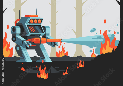 A robotic firefighter battles a forest blaze with powerful jets of water. Bold, retro-futuristic design. Vibrant colors and dynamic action.