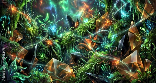 Mystical alien jungle filled with glowing crystals and bioluminescent flora.