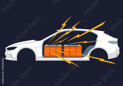 A sleek electric car showcases its powerful battery pack, radiating energy. Modern illustration highlighting mobile energy storage EV technology. Dynamic and visually striking.