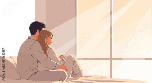 Couple Enjoying Morning Sun Embraced In Bed