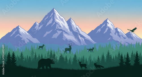 Wildlife scene with animals in forest and mountains at sunset