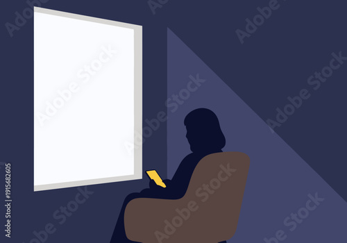 A solitary figure sits indoors, gazing out a window at a cloudy sky, reflecting feelings of social isolation and winter sadness. A muted, contemplative mood.