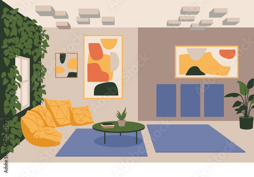 Stylish interior scene featuring modern art, comfortable seating, and lush greenery. A vibrant, inviting space perfect for showcasing design and lifestyle concepts.