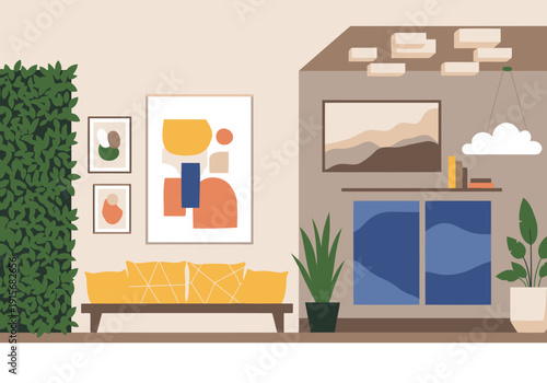 stylish modern interior showcases dopamine decor with a vibrant color palette and natural elements  A comfortable sofa artwork and plants create a welcoming space Perfect for home design inspiration