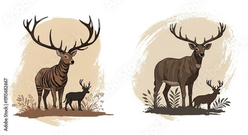 Deer family with large antlers standing in field with plants on beige background