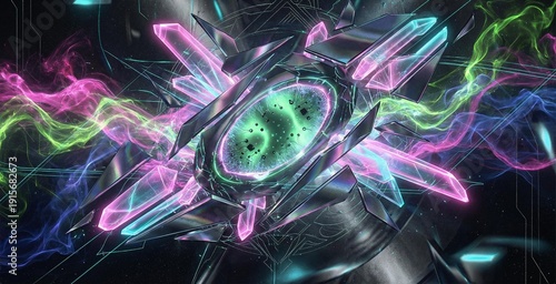 Neon cosmic energy emanates from a fractured sci-fi core.