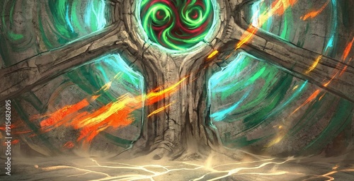 Ancient stone gateway with swirling portal and fiery energy for sci-fi concepts