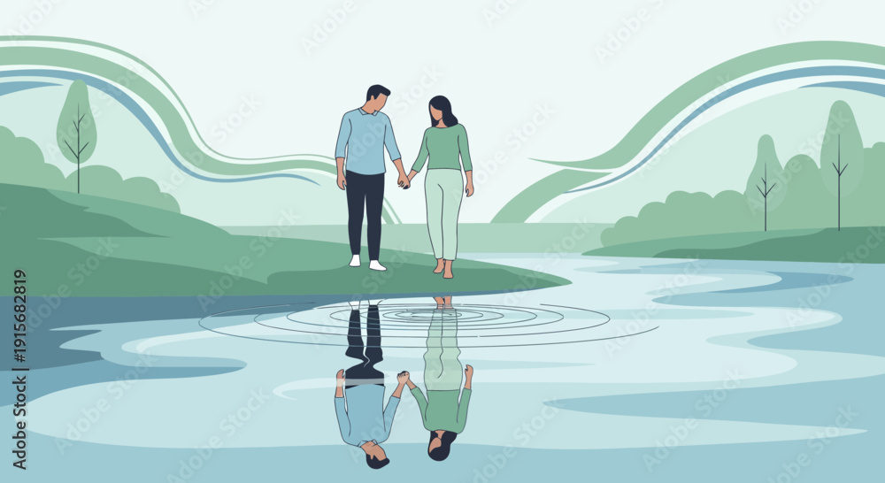 Obraz premium Couple Holding Hands Reflecting In Calm Water Scene