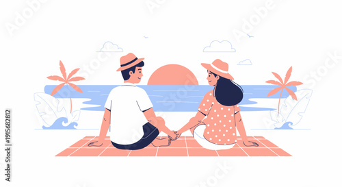 Couple Holding Hands Enjoying Sunset Beach Picnic Scene Minimalist Illustration