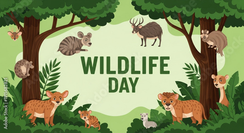 Wildlife day illustration featuring various animals in a forest with trees and foliage promoting conservation and environmental awareness