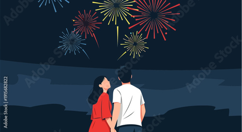 Couple Holding Hands Admiring Vibrant Fireworks Display At Night