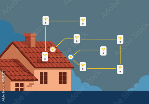 A stylized illustration showcases a smart home fire safety system with interconnected wireless devices, integrated into a traditional red-tiled roof. Modern, clean design.