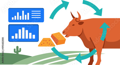 A stylized illustration depicts feed efficiency in ruminant livestock. Data charts visually connect to a cow, showcasing optimized nutrition and growth. Modern, vibrant design.