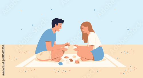 Couple Joyfully Exploring Shells On The Beach, Sharing An Intimate Moment, Laughing Together