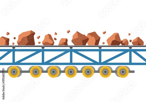 A vibrant conveyor belt mine haul illustration.  Detailed machinery and rock convey a powerful industrial scene.  Perfect for business and technology visuals.