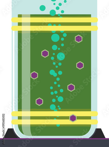 A vibrant algae culture density data visualization showcases a green liquid with hexagonal bubbles within a laboratory setting. Clean, modern design for scientific or biotechnology visuals.