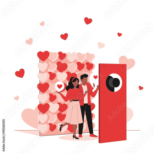 Couple Posing Together At A Valentine's Day Photo Booth With Hearts