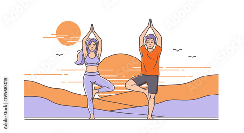 Couple Practicing Yoga Tree Pose Outdoors At Sunrise