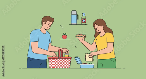 Couple Preparing Food for Outing: Sharing Food, Making Lunch, and Picnic Together