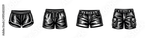 Flat vector icons set: shorts illustrations collection, casual wear drawings, apparel graphics