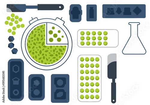 A vibrant graphic showcasing algae plastic production, research, and sustainable technology.  Illustrates data analysis, lab equipment, and material development. Modern, clean design.