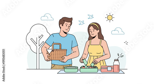 Couple Preparing Picnic Food Outdoors On A Sunny Day With Picnic Basket