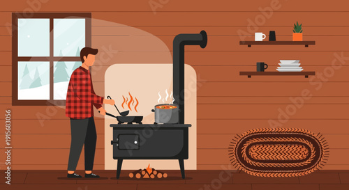 Cozy Cabin Scene Of A Person Cooking On A Wood Stove In Winter
