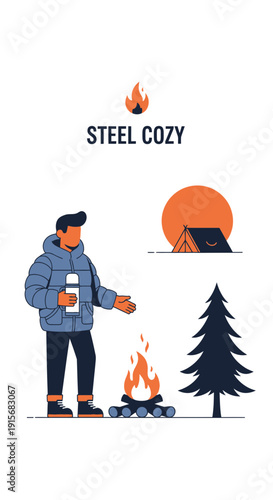 Cozy Camper Enjoying Warmth Beside Crackling Campfire Under Evening Sun