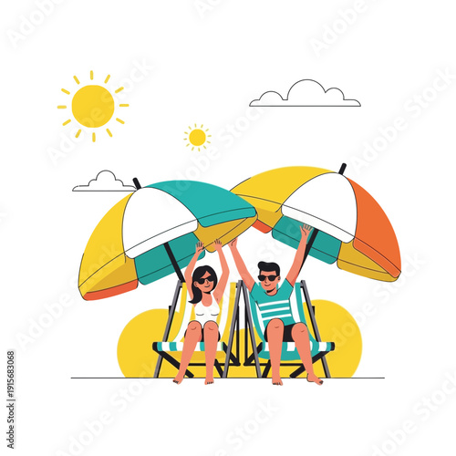 Couple Relaxing Under Beach Umbrellas Enjoying Sunny Vacation Vibes