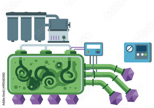 A vibrant illustration depicts a spirulina production system, showcasing a large tank with green algae and automated harvesting equipment. Modern, clean design for biotech visuals.